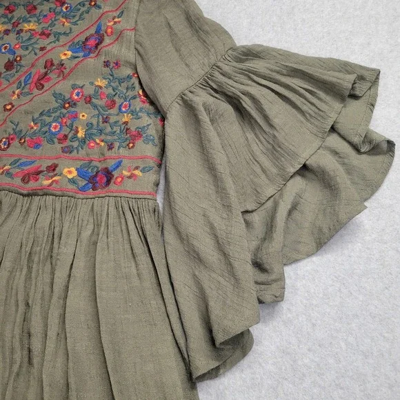 Altar'd State Embroidered Boho Mini Dress Olive Green Bell Sleeve Small C0384 - Picture 6 of 9